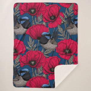 Fairy wren and poppies sherpa blanket