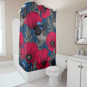 Fairy wren and poppies shower curtain