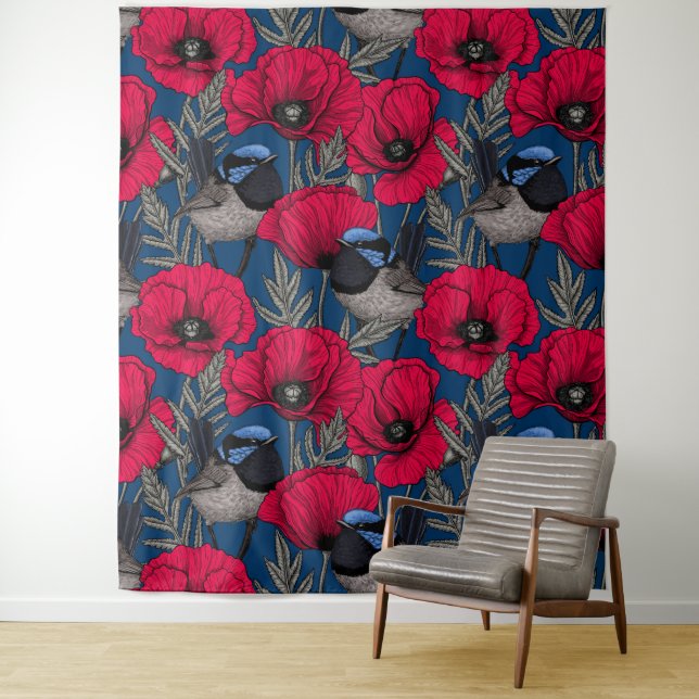 Fairy wren and poppies tapestry (In Situ)