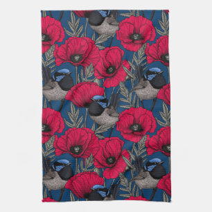Fairy wren and poppies tea towel