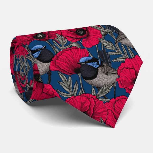 Fairy wren and poppies tie (Rolled)