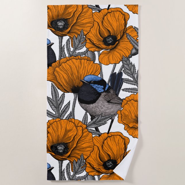 Fairy wrens and orange poppy flowers 2 beach towel (Front)