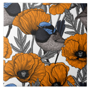 Fairy wrens and orange poppy flowers 2 ceramic tile