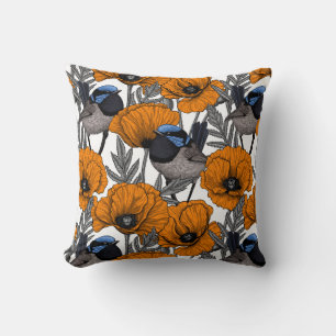 Fairy wrens and orange poppy flowers 2 cushion