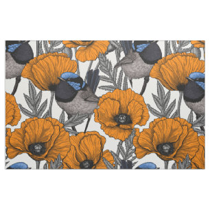 Fairy wrens and orange poppy flowers 2 fabric