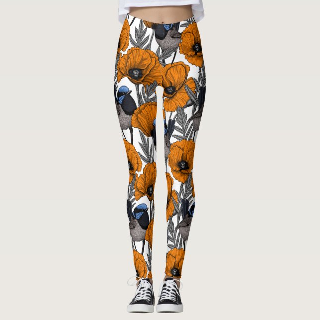 Fairy wrens and orange poppy flowers 2 leggings (Front)