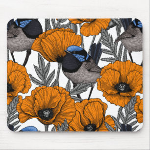 Fairy wrens and orange poppy flowers 2 mouse pad