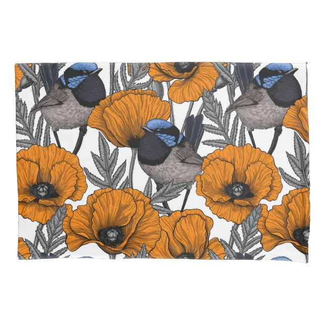 Fairy wrens and orange poppy flowers 2 pillowcase (Front-Left)
