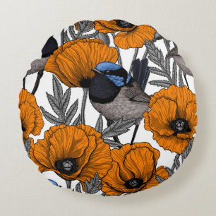 Fairy wrens and orange poppy flowers 2 round cushion