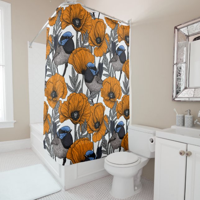 Fairy wrens and orange poppy flowers 2 shower curtain (In Situ)