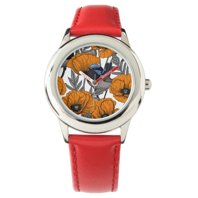 Fairy wrens and orange poppy flowers 2 watch (Front)