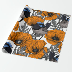 Fairy wrens and orange poppy flowers 2 wrapping paper