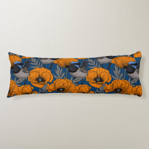 Fairy wrens and orange poppy flowers body cushion