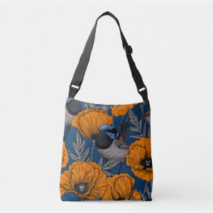 Fairy wrens and orange poppy flowers crossbody bag