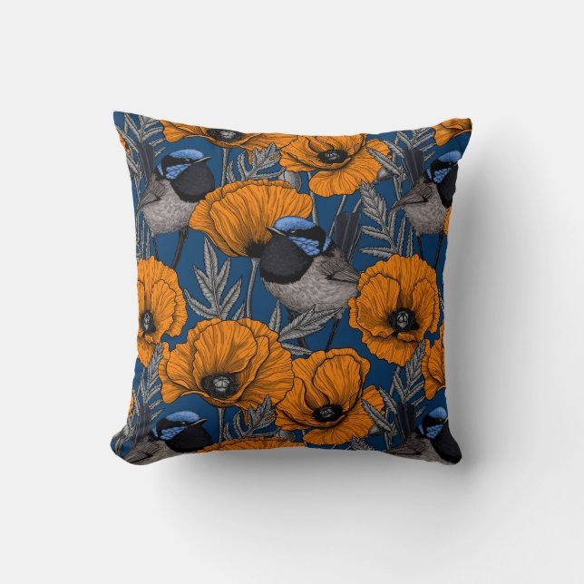 Fairy wrens and orange poppy flowers cushion (Front)