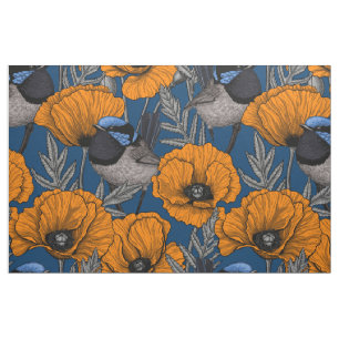 Fairy wrens and orange poppy flowers fabric