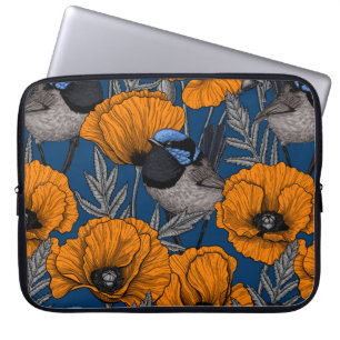Fairy wrens and orange poppy flowers laptop sleeve