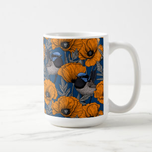 Fairy wrens and orange poppy flowers mug