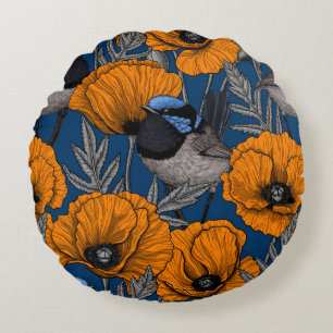 Fairy wrens and orange poppy flowers round cushion