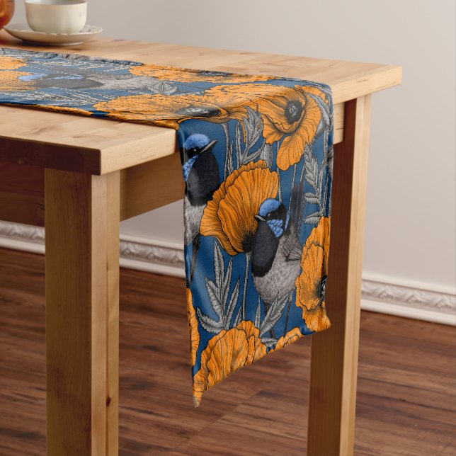 Fairy wrens and orange poppy flowers short table runner (In Situ)