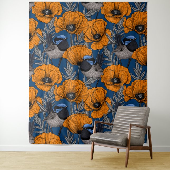 Fairy wrens and orange poppy flowers tapestry (In Situ)