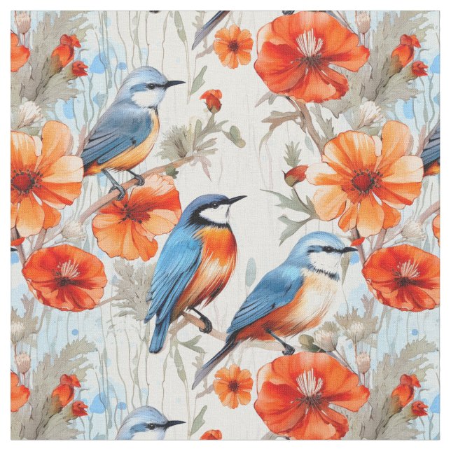Fairy wrens and orange poppy flowers with birds fabric (Close Up)