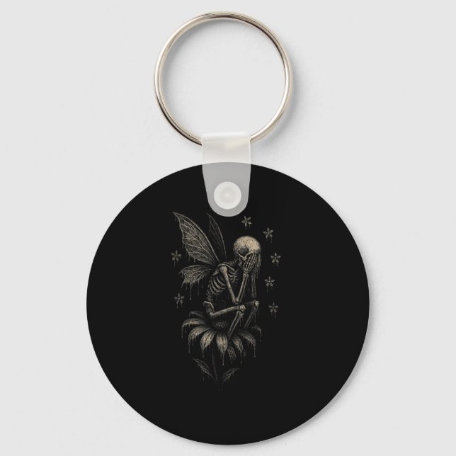 Fairycore Emo Goth Tee Sad Crying Skeleton Fairy G Key Ring (Front)