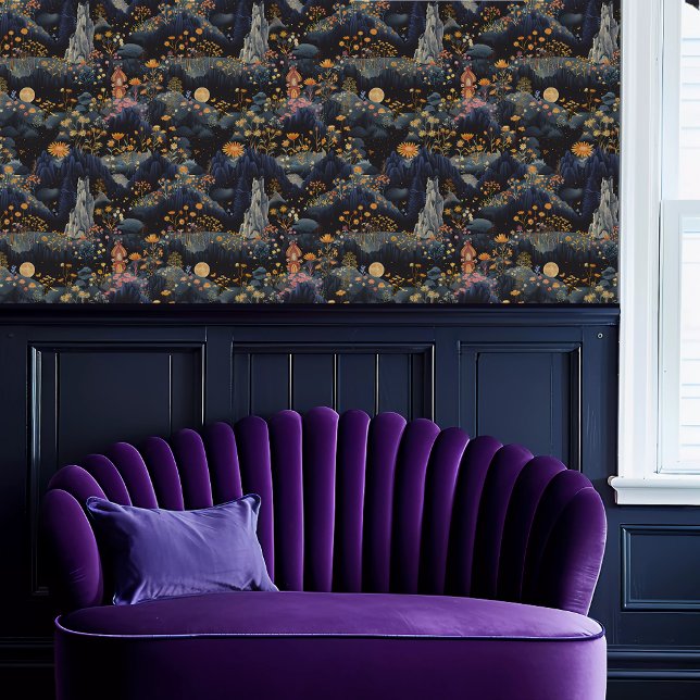 Fairycore Fantasy Mountain with House Wallpaper (Fairycore Fantasy Mountain with House Wallpaper above a purple scalloped sofa.)