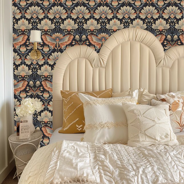 Fairycore Neutral-Coloured, Moth-Inspired  Wallpaper (Fairycore Neutral-Colored, Moth-Inspired Wallpaper behind a cream colored headboard.)