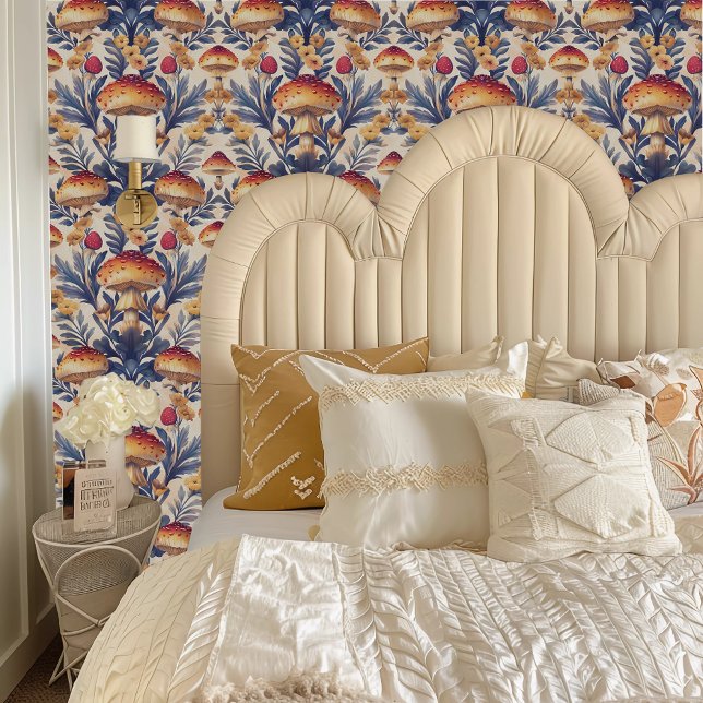 Fairycore Orange and Cream Toadstools Wallpaper (Fairycore Orange and Cream Toadstools Wallpaper behind a cream colored headboard.)