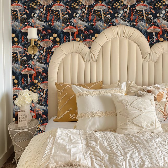 Fairycore Red Toadstools in a Grey Forest Wallpaper (Fairycore Red Toadstools in a Gray Forest Wallpaper behind a cream headboard.)