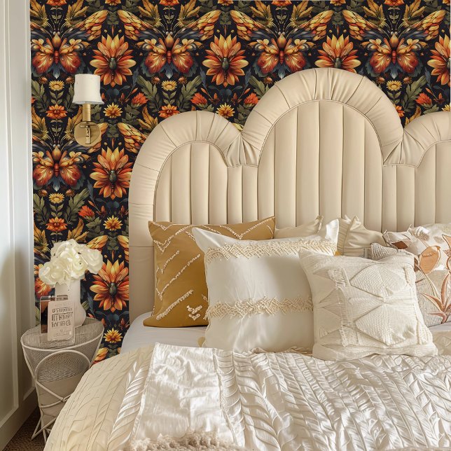 Fairycore Whimsical Orange Butterfly Flowers Wallpaper (Fairycore Whimsical Orange Butterfly Flowers Wallpaper behind a cream colored headboard.)