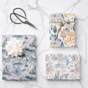 Fairyland Castles Blue Pink Wrapping Paper Sheet
