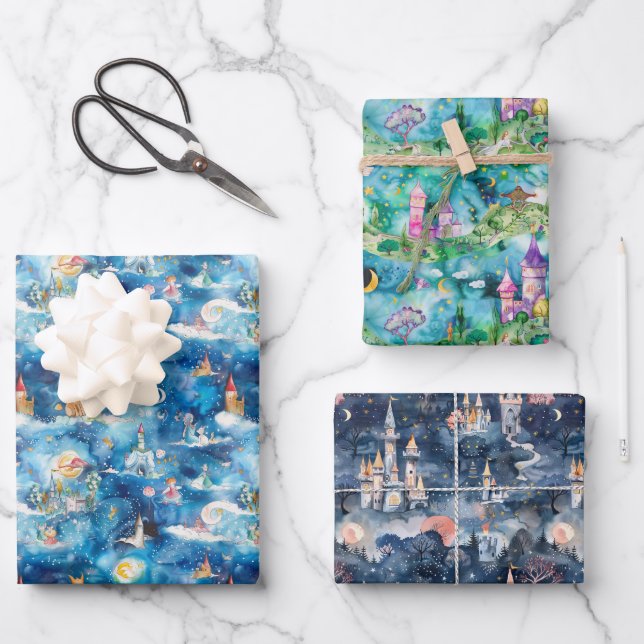 Fairyland Castles Blue Wrapping Paper Sheet (Front)