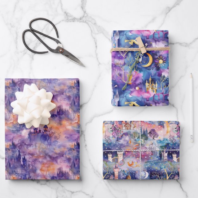 Fairyland Castles Purple Wrapping Paper Sheet (Front)