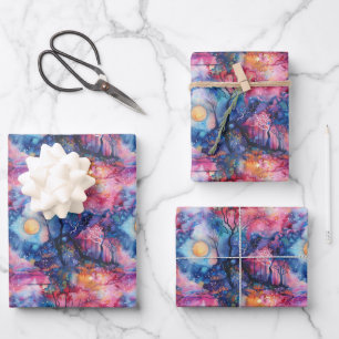 Fairyland Landscape Blue Pink Wrapping Paper Sheet