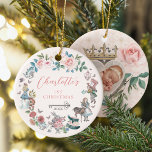 Fairytale Alice in Wonderland 1st Christmas Photo Ceramic Ornament<br><div class="desc">Vintage Alice in Wonderland fairytale baby girl's first Christmas ornament. The design features an elegant frame design with Alice in Wonderland characters, the mad hatter, Alice, the white rabbit, florals, butterflies, and fairytale tea party elements framing around the ornament. Personalise with the baby's name, your text, and year. The ornament's...</div>