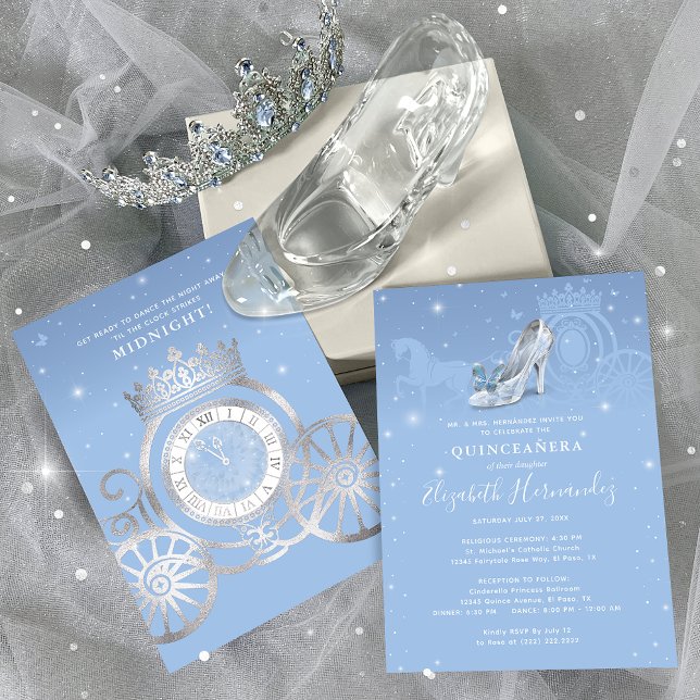 Fairytale Baby Blue Silver Cinderella Quinceanera Invitation (Fairytale Cinderella Princess Invitations for a Quinceanera, Sweet Sixteen or other magical day!)