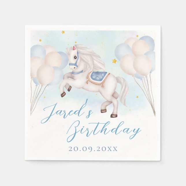 Fairytale baby Pony Blue balloons star Birthday Napkin (Front)