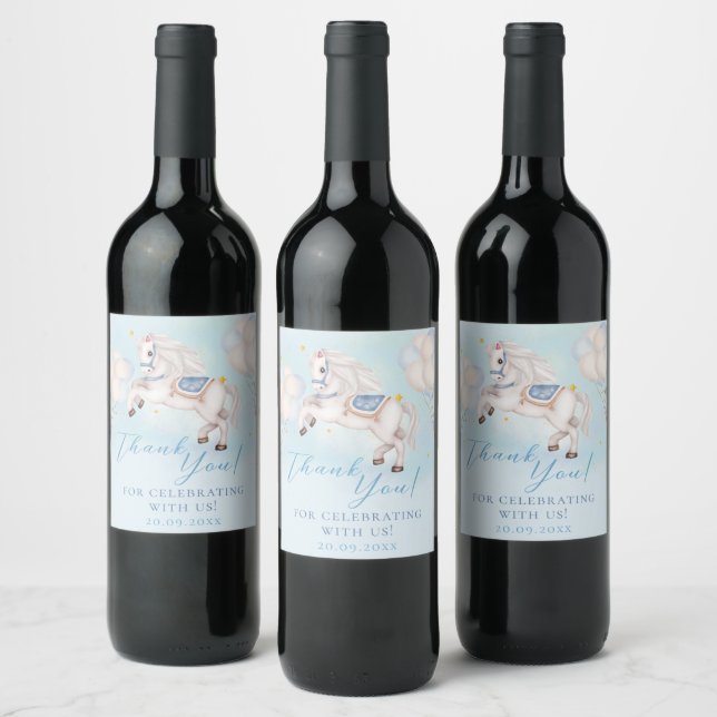 Fairytale baby Pony Blue balloons stars Celebrate Wine Label (Bottles)