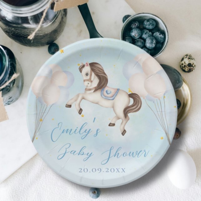 Fairytale baby Pony Blue balloons stars Shower Paper Plate (Creator Uploaded)