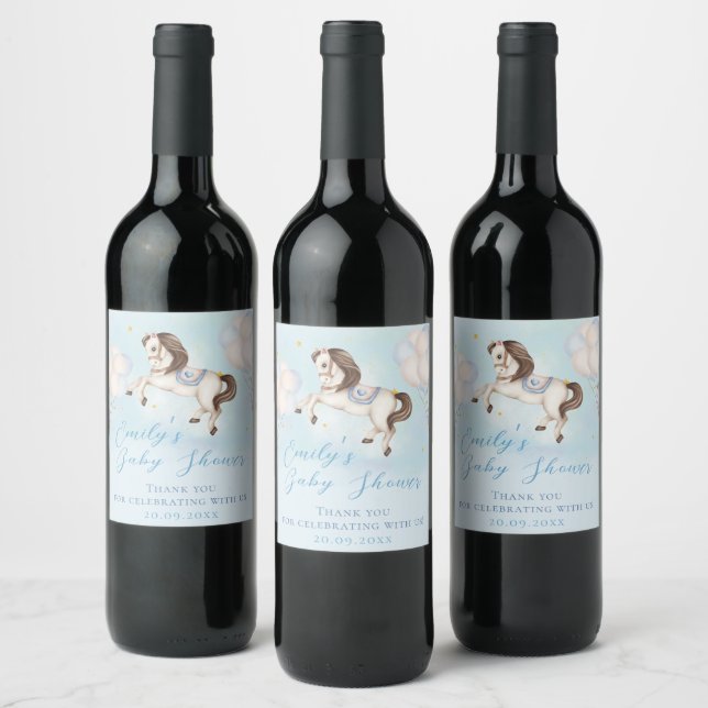 Fairytale baby Pony Blue balloons stars Shower Wine Label (Bottles)