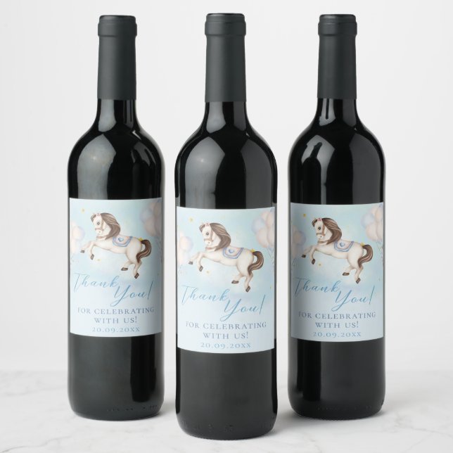 Fairytale baby Pony Blue balloons stars Thank You Wine Label (Bottles)