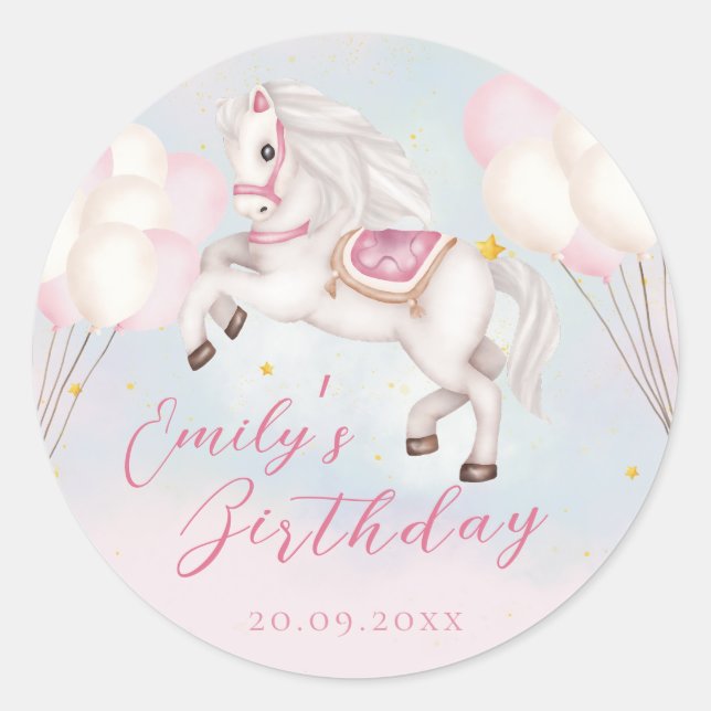 Fairytale baby Pony pink balloons star Birthday Classic Round Sticker (Front)