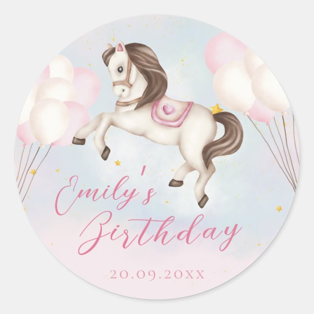 Fairytale baby Pony pink balloons star Birthday Classic Round Sticker (Front)