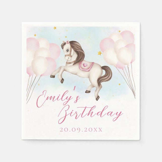 Fairytale baby Pony pink balloons star Birthday Napkin (Front)