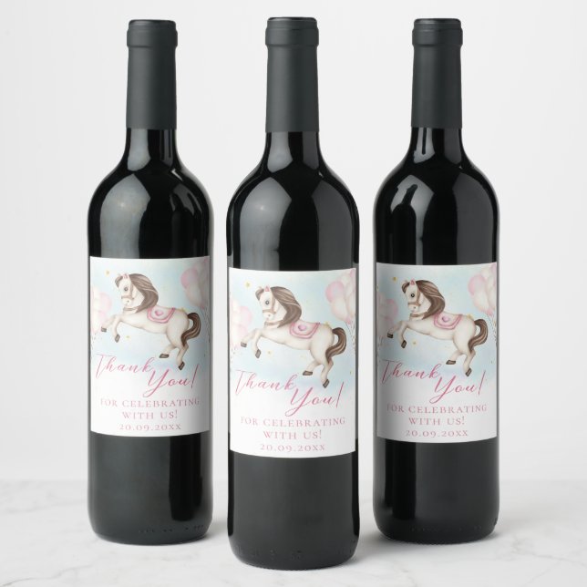 Fairytale baby Pony pink balloons stars Celebrate Wine Label (Bottles)