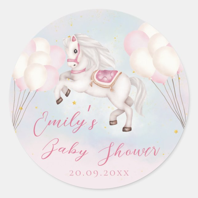 Fairytale baby Pony pink balloons stars Shower Classic Round Sticker (Front)