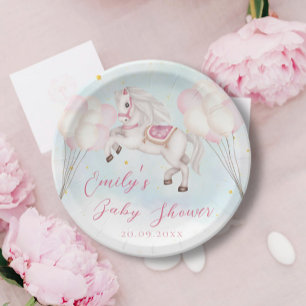 Fairytale baby Pony pink balloons stars Shower Paper Plate