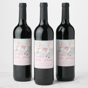 Fairytale baby Pony pink balloons stars Shower Win Wine Label